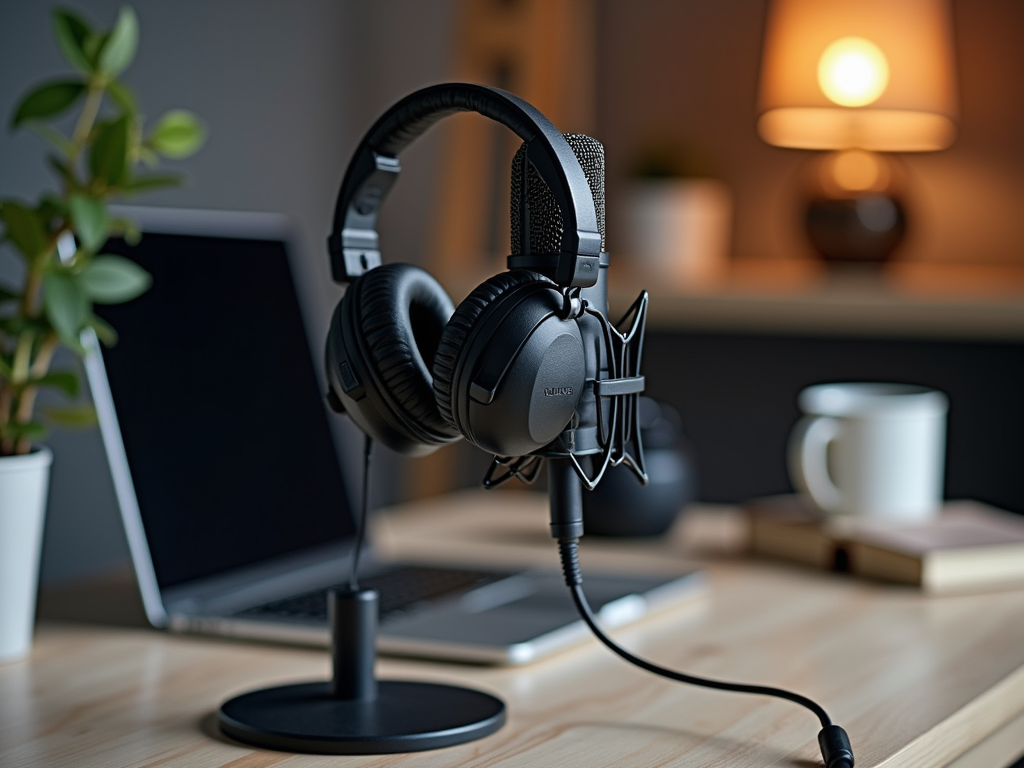 A microphone with headphones on a desk, accompanied by a laptop, coffee mug, and a lamp in a cozy setting.