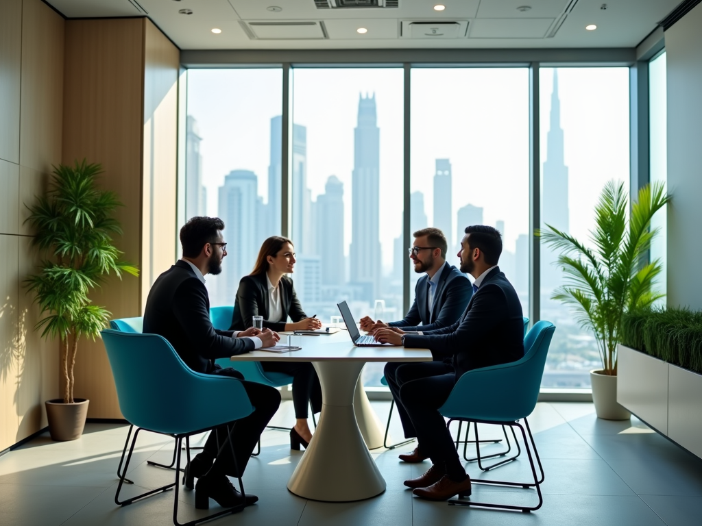 Four professionals discussing at a table in a modern office with cityscape views.