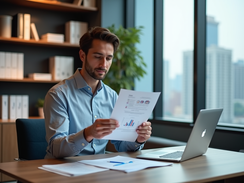 Man in office reviewing document with laptop on desk, cityscape in background.