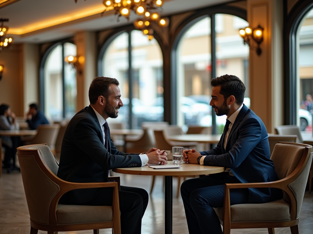 Two businessmen in suits engaged in a conversation at a cafe table.