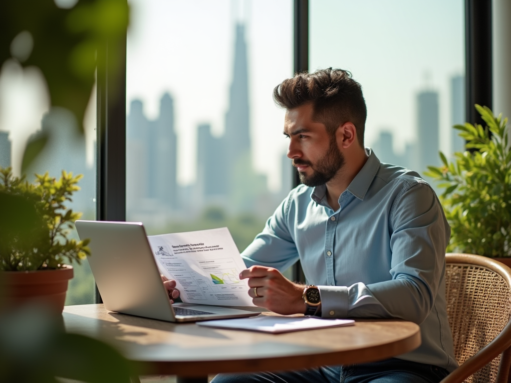 Man working on laptop and reviewing documents at a table with city skyline in the background.