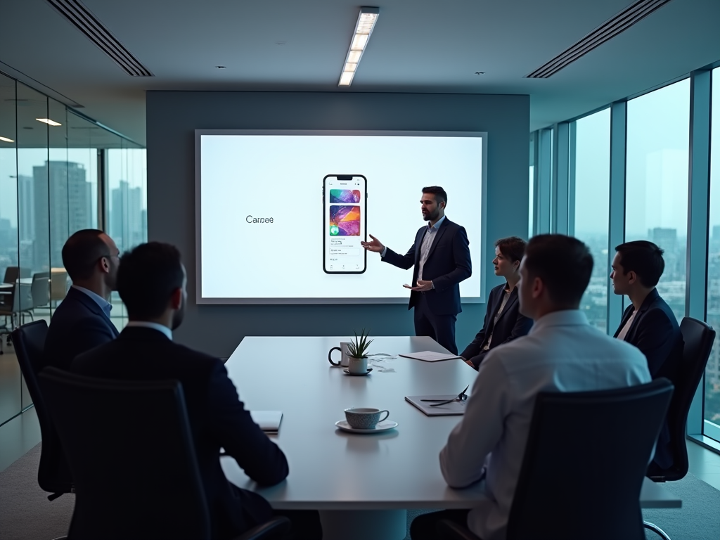 Man presenting mobile app in front of a screen to colleagues in a modern office.