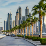 Skyline of Dubai with palm-lined street, illustrating the vibrant living environment for visa applicants.