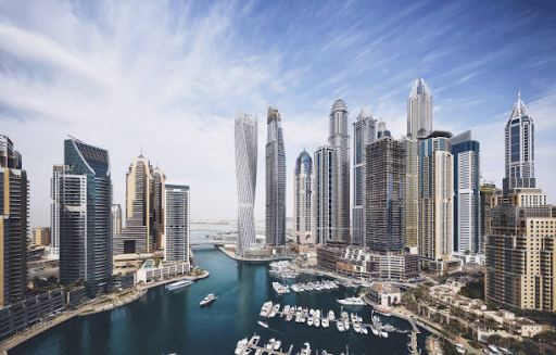 Aerial view of Dubai Marina's skyscrapers, illustrating challenges in the residence visa application process.